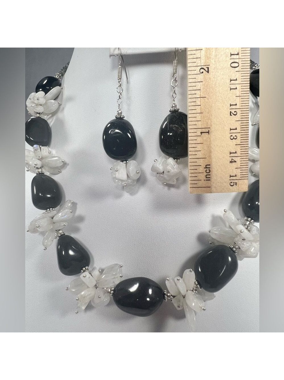 Silver Sheen Obsidian & Moonstone 925 Chunky Beaded Gemstone Necklace & Earrings - Picture 7 of 9